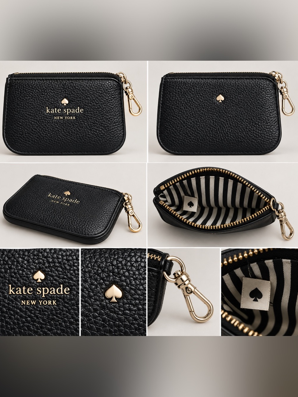 Kate Spade New York Black Pebbled Leather Zip Card Coin Pouch Keychain